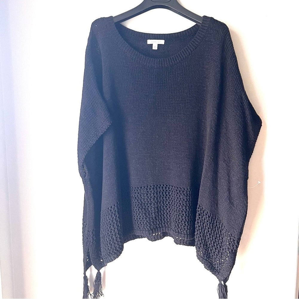 JOHNNY WAS BLACK CROCHET PONCHO SWEATER WITH TASSLES ONE SIZE
